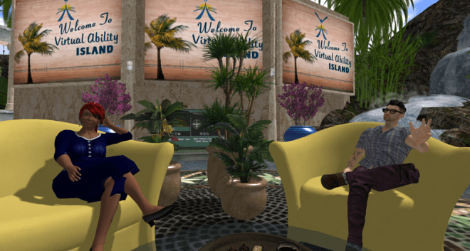Screenshot of two Second Life avatars, sitting in armchairs on a stage.